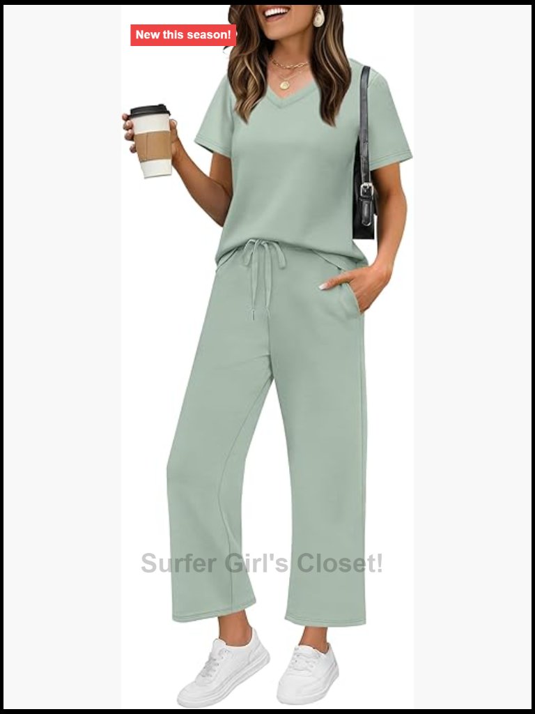 2 Piece Lounge Set With Wide Leg Pants Matching Vacation Outfit